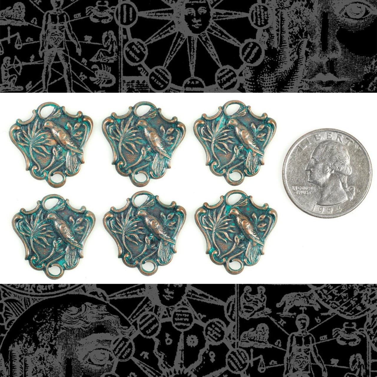 Verdigris Finished Brass Embossed Bird Shield Connectors - Set of Six - V-2C33